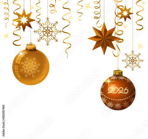 Merry Christmas and New Year 2026 gold decorations isolated on transparent ba...
