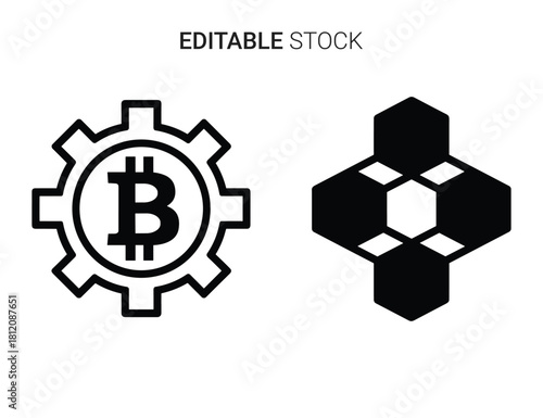 Bitcoin gear and abstract hexagonal network icon set: blockchain and crypto technology graphic.