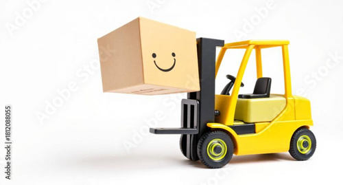 Yellow industrial forklift machine with boxes on white background