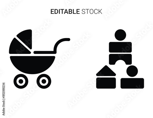 Baby carriage and building blocks icons representing childhood, growth, and development
