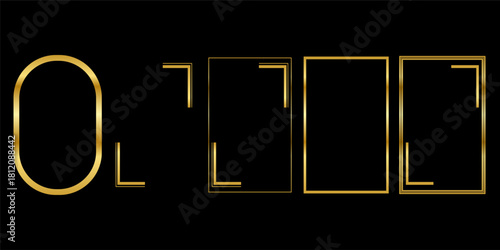 Thin golden frame set. Gold geometric border collection in art deco style. Thin linear shining rectangular shape bundle. Brass glowing shiny boarder element pack for photo, cadre, poster, card. Vector