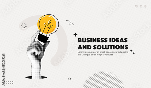 Trendy Halftone Collage Business ideas and solutions. Hand holds lightbulb. Startup idea. Investment tips. Creative poster with promotion text. Contemporary vector illustration art