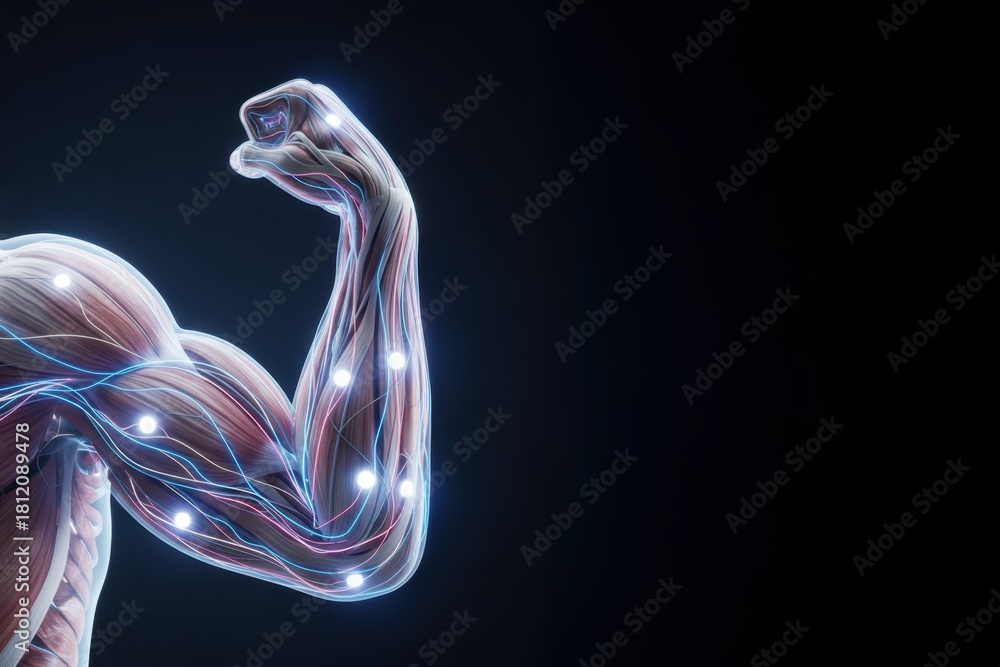 Naklejka premium Futuristic anatomical arm flexing with visible muscles, nerves, and glowing connection points, symbolizing strength, biotechnology, and advanced human anatomy.