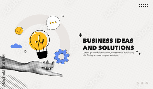 Trendy Halftone Collage Business ideas and solutions. Hand holds lightbulb. Startup idea. Investment tips. Creative poster with promotion text. Contemporary vector illustration art