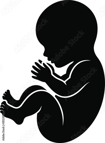 Black silhouette vector illustration of human fetus, unborn baby icon, pregnancy symbol, maternity concept design isolated on white background.