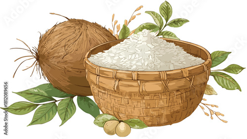 Basket of Rice with Drawing of Coconut and Leaves Vector Illustration