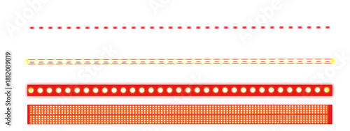 set of red and yellow stripes, Marquee strip set, red led light ribbons on transparent background. Realistic neon light bulb, vector illustration. vintage marquee borders collection