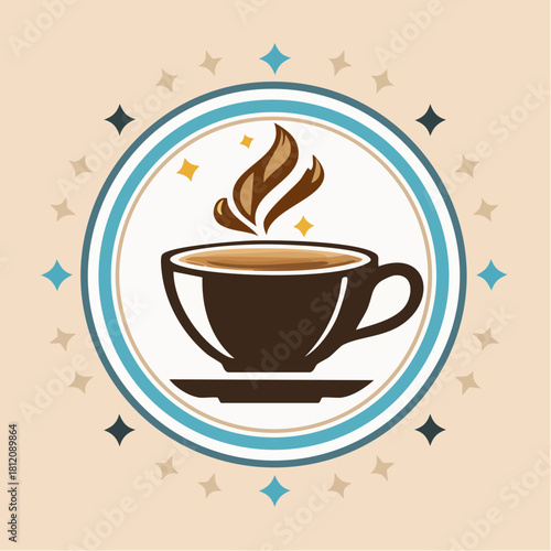 Retro-style vector illustration of a steaming hot coffee cup, featuring bold vintage lines and classic café aesthetics for nostalgic design themes