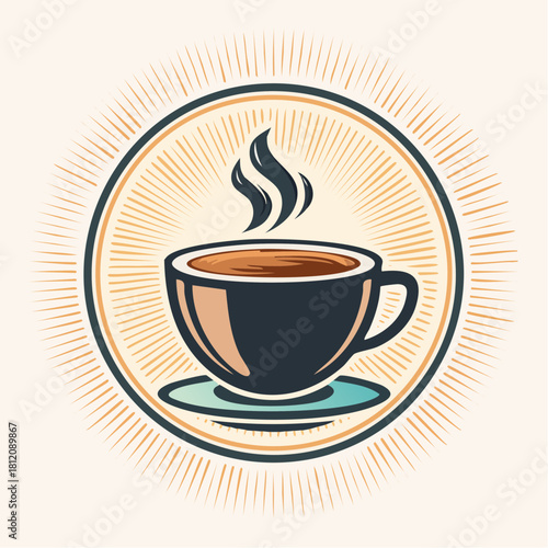 Retro-style vector illustration of a steaming hot coffee cup, featuring bold vintage lines and classic café aesthetics for nostalgic design themes