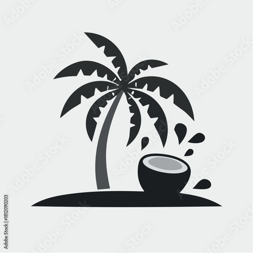 Black-and-white retro-style vector of a coconut tree with falling coconuts. Minimalist vintage design featuring bold lines and classic tropical imagery