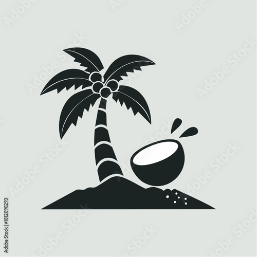 Black-and-white retro-style vector of a coconut tree with falling coconuts. Minimalist vintage design featuring bold lines and classic tropical imagery