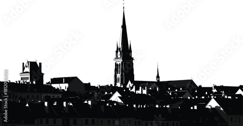 Black silhouette vector illustration of European city skyline with cathedral spire and old town rooftops isolated on white background.