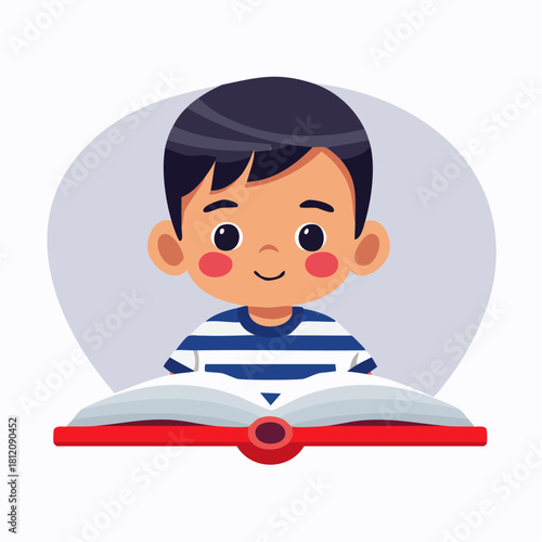 Vector illustration of a young boy reading a book, wearing a blue-and-white striped shirt. Cute, educational scene suitable for learning materials and children’s content