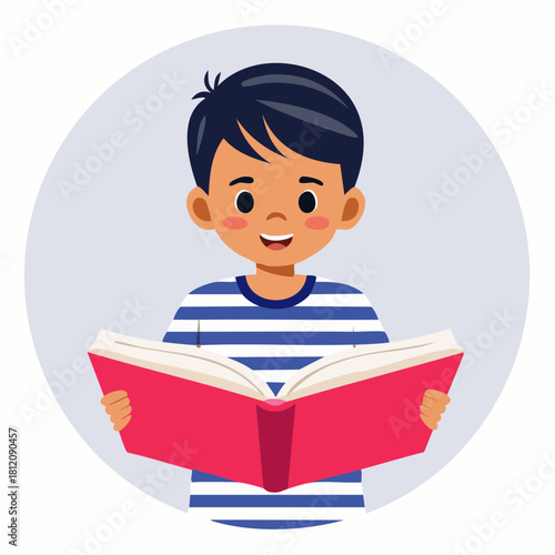 Vector illustration of a young boy reading a book, wearing a blue-and-white striped shirt. Cute, educational scene suitable for learning materials and children’s content