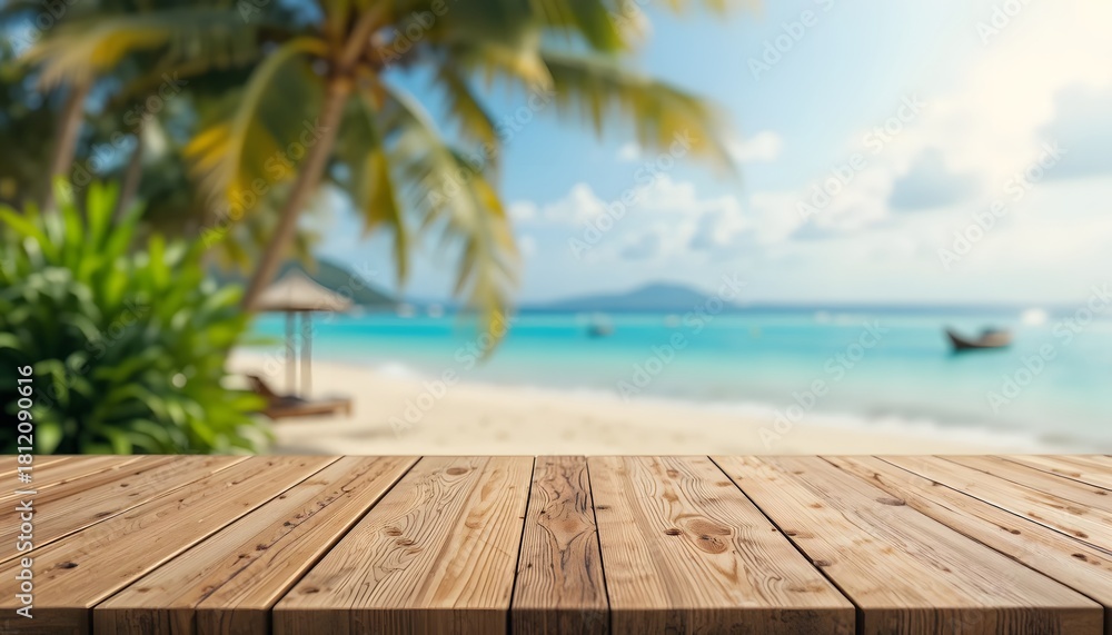 Fototapeta premium Serene Beach View from Wooden Table with Lush Palm Trees in Background