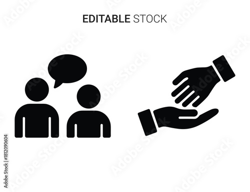Communication and helping hands icons symbolizing support, discussion, cooperation, teamwork concept.