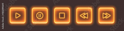 Neon media player buttons. Orange glowing glossy audio control icons. Interface elements for music or video streaming service. Vector illustration.