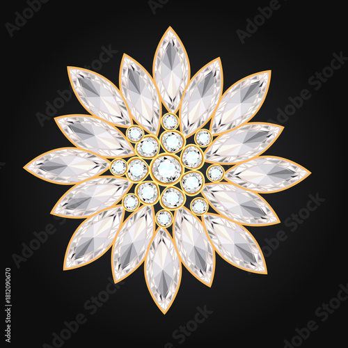 Illustration of a snowflake brooch with beads and precious stones