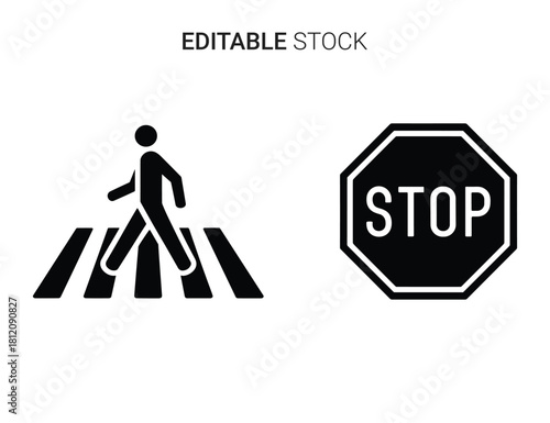 Pedestrian crossing and stop sign vector icons, road safety and warning symbols set