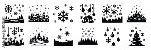 christmas snowfall icon set. silhouette Vector illustration.