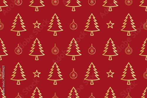 Seamless pattern of golden line-art illustrations of Christmas trees, stars, and ornaments arranged across a rich red background.