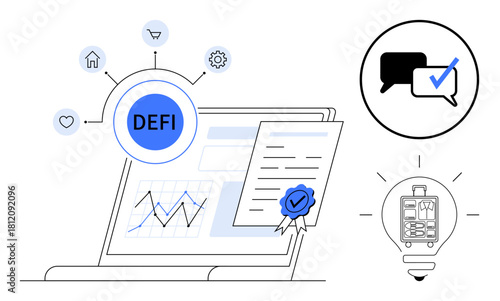 Laptop with graphs and smart contract highlights DEFI concept, connected icons represent finance. Ideal for financial tech, blockchain, innovation, analytics, investment, legal tech, simple flat