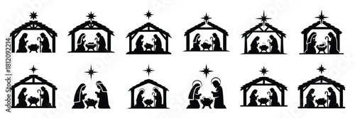 nativity manger icon set. silhouette Vector illustration.