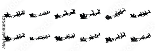 santa flying reindeer icon set. silhouette Vector illustration.