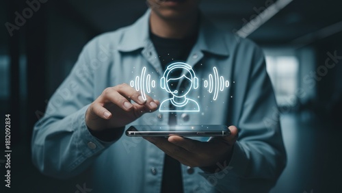 Man using phone with glowing customer service hologram in cool light for tech support customer service search