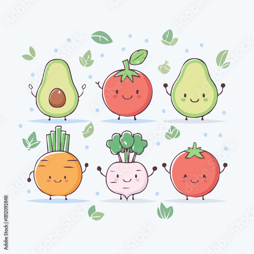 Charming set of cute cartoon vegetables with happy faces, featuring smiling avocados, cheerful tomatoes, a joyful carrot, and a playful radish, for healthy eating