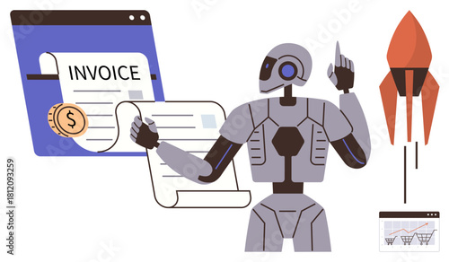 Robot reviewing invoices, digital coin, rocket, and financial chart highlight efficiency, automation, progress, and financial growth. Ideal for AI, fintech startups innovation technology