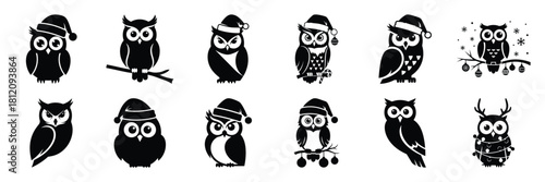 christmas owl icon set. silhouette Vector illustration.
