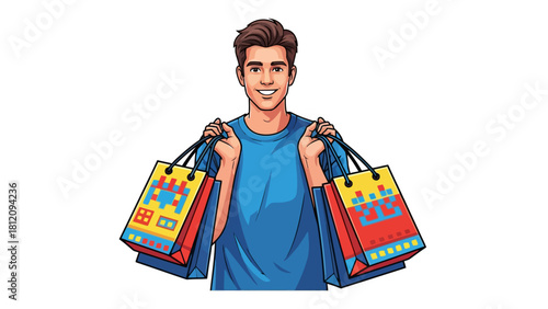 Man with shopping bags featuring pixelated aliens and houses