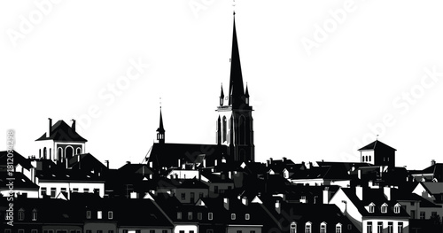 Black silhouette vector illustration of old town cityscape, European skyline with church spire and rooftops isolated on white.