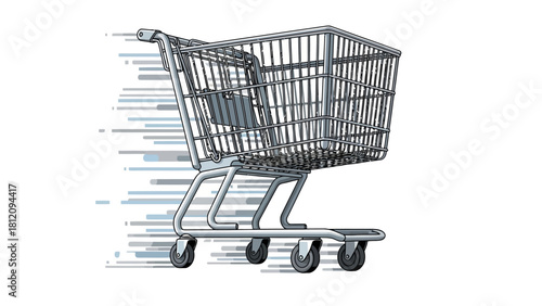 Metal shopping cart with motion lines on a white background