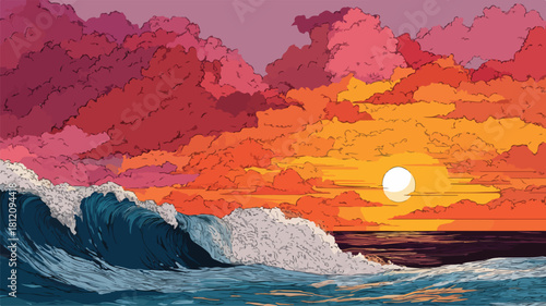 Serene Sunset Over Ocean With Wave in Foreground Vector