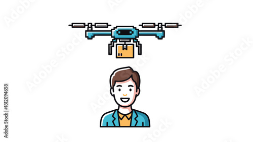 Pixel art drone delivering a package to a person