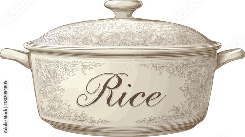 White Crock Pot with Rice Lid Vector Illustration