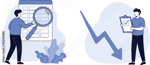 Business analysis concept with man inspecting schedule and downward arrow.