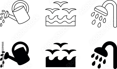 Set of water and shower line icons isolated on