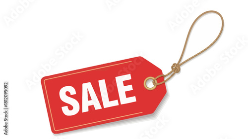 Red sale tag with white text and a brown string