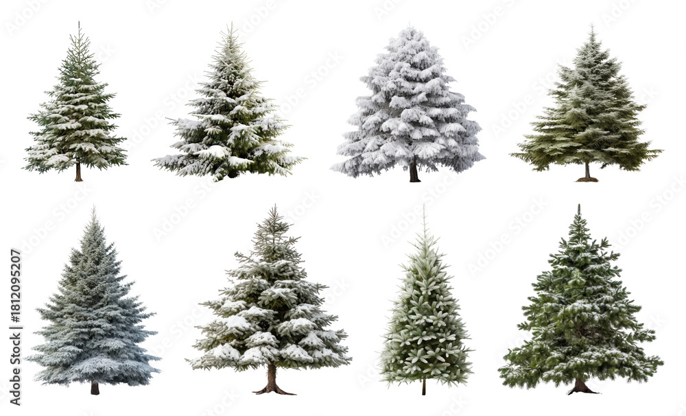 Fototapeta premium PNG Diverse snowy evergreen trees collection, element set on transparent background