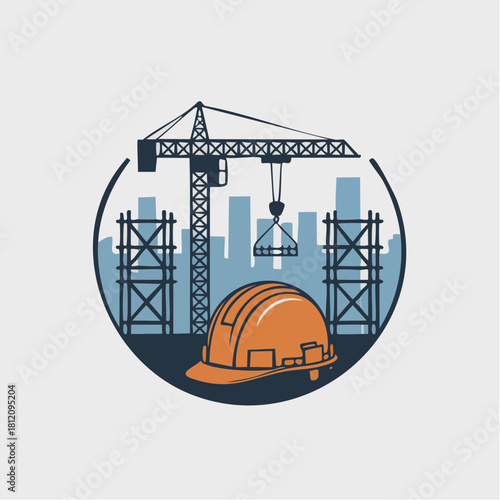 Construction site safety with a hard hat and crane overseeing the building process, symbolizing progress and industry advancement, scalable graphic