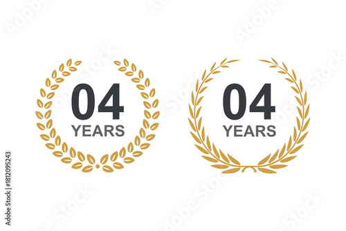 4th anniversary laurel wreath. 4 year anniversary floral laurel wreath. Anniversary icon or logo with laurel wreath. 4th year celebration label vector illustration