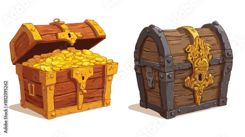 Vintage Wooden Treasure Chest with Gold Coins and Large Lock - Riches of the Past