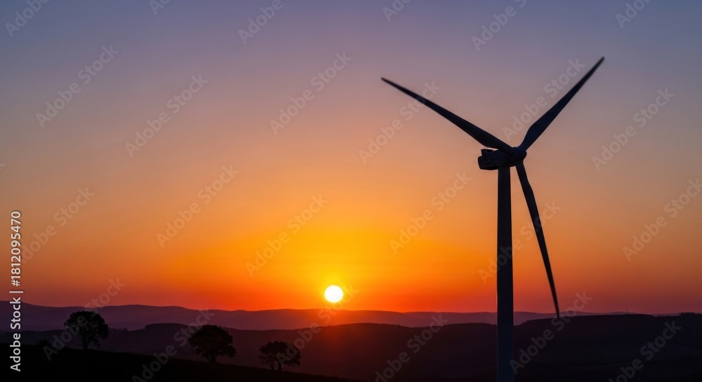 Obraz premium A wind turbine silhouetted against a vibrant sunset sky with mountains in the background.