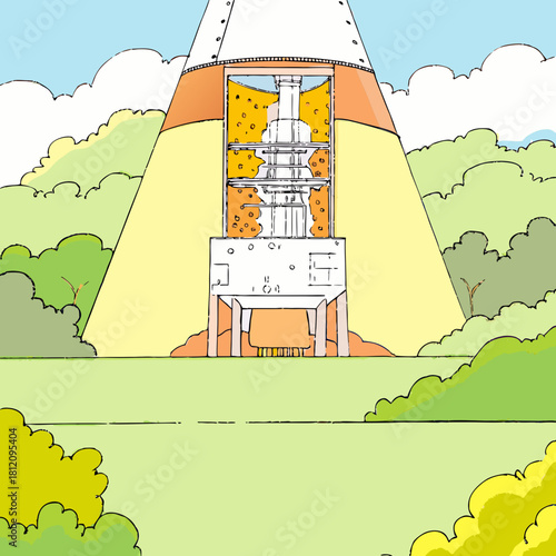 Cutaway view of a rocket launch pad with detailed interior structure