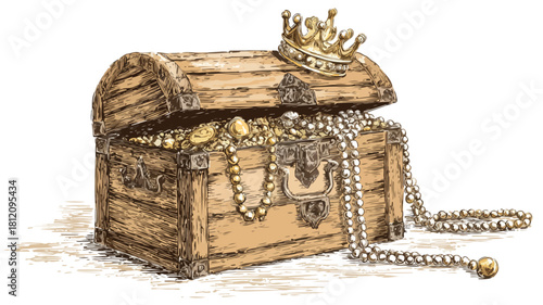 Luxurious Wooden Treasure Chest adorned with Crown and Gold Jewelry - Regal Elegance