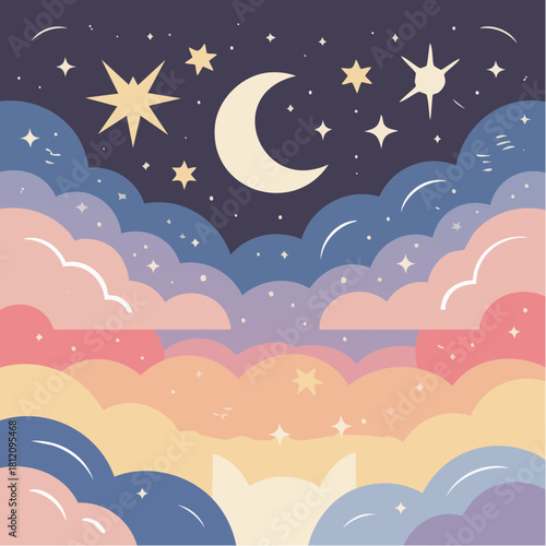 Dreamy celestial nightscape with crescent moon and stars, evokes peaceful bedtime stories and whimsical imagination, perfect for children's decor
