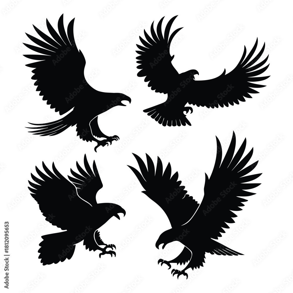 Fototapeta premium Aggressive eagle silhouettes in black on white, showing flight, power, and hunting posture